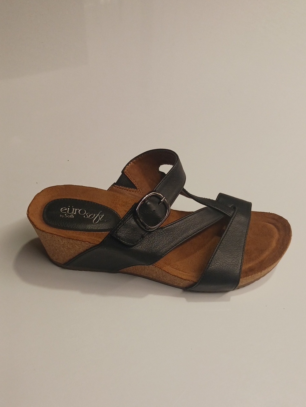 SOFFIT Black Leather Wedge Sandal